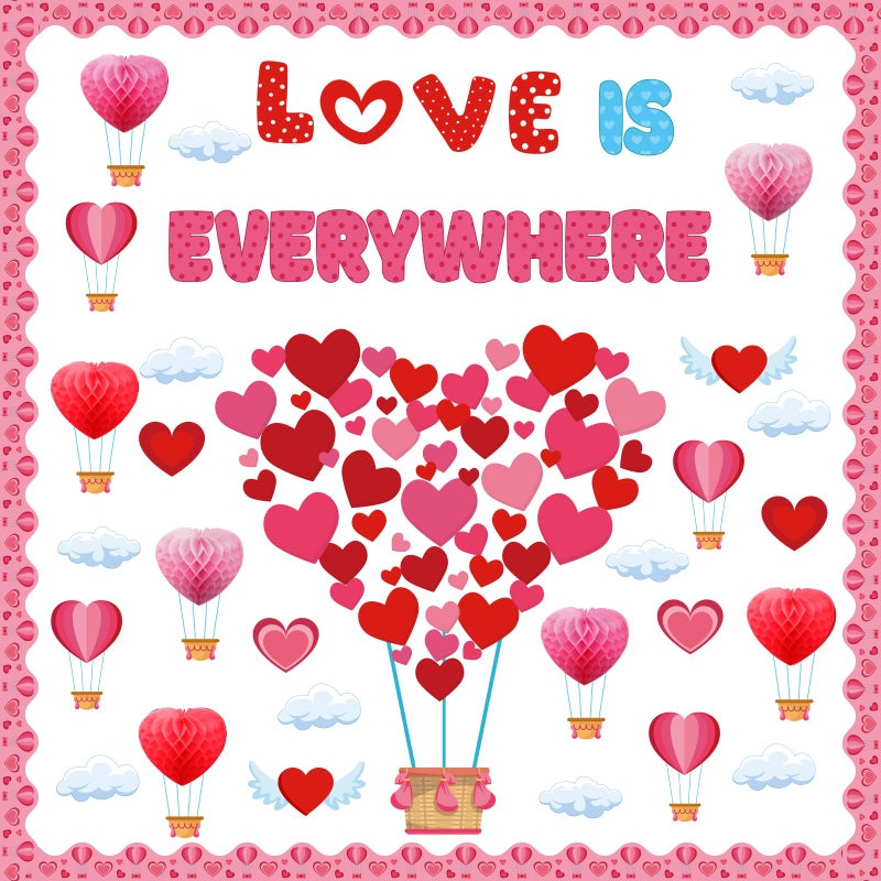 Pajean 135 Pcs Valentine's Day Bulletin Board Decorations Valentines Hot Air Balloon Bulletin Board Cutouts 3D Pink Heart Bulletin Board Honeycomb for Valentine Office Classroom Chalkboard Wall Decor - Image 1