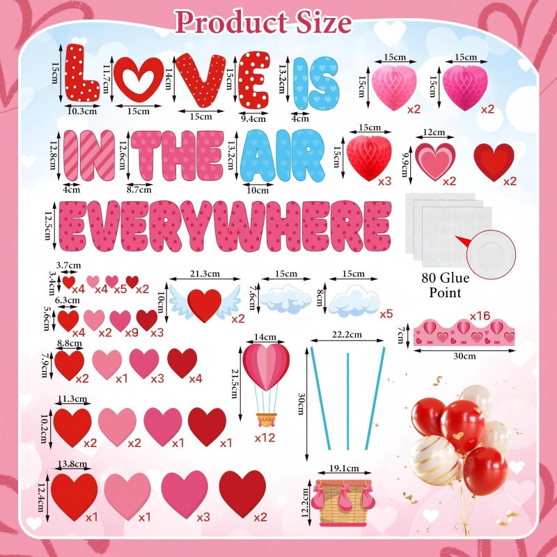 Pajean 135 Pcs Valentine's Day Bulletin Board Decorations Valentines Hot Air Balloon Bulletin Board Cutouts 3D Pink Heart Bulletin Board Honeycomb for Valentine Office Classroom Chalkboard Wall Decor - Image 2
