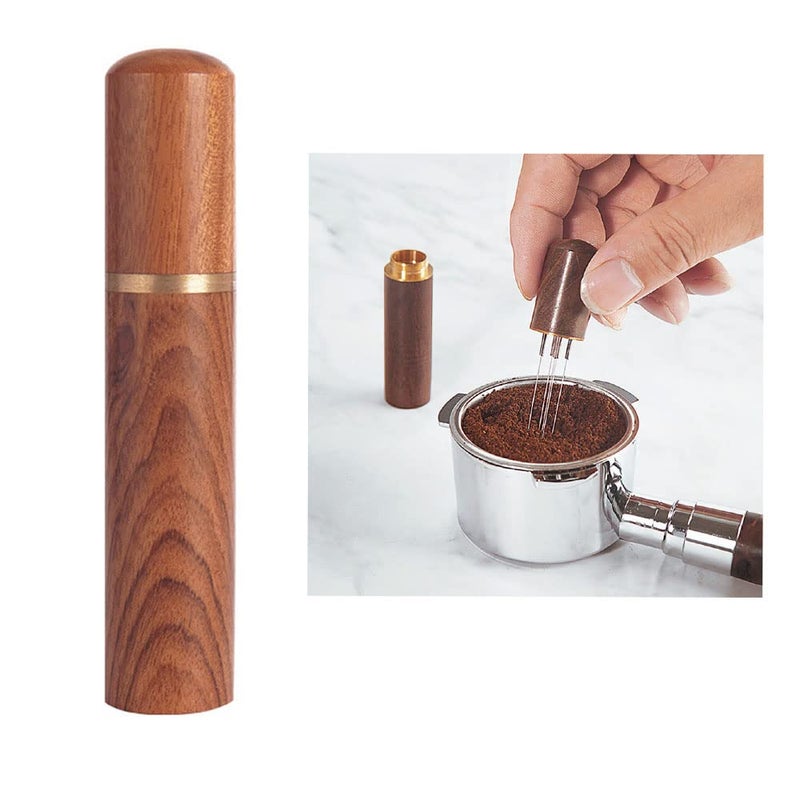 Espresso Distribution and Stirring Tool with a Wooden Handle, Featuring Fine Needles for Optimal Coffee Ground Dispensing and Even Extraction - Image 1