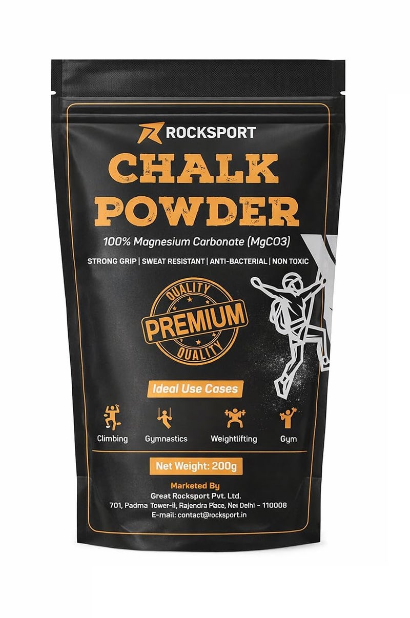 Rocksport Chalk Powder with Long Lasting Grip for for Gym & Bodybuilding Exercises, Rock Climbing,Weightlifting I Pure Magnesium Carbonate Powder for Better Grip & Overall Performance, 200 Grams - Image 1