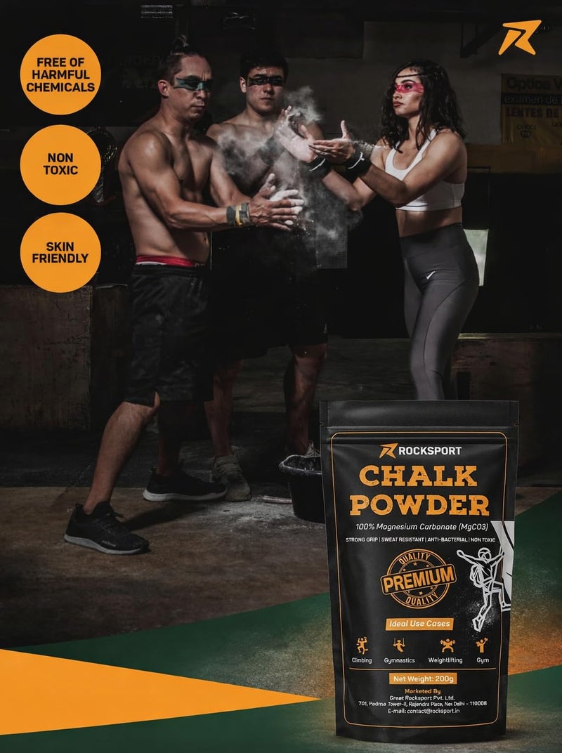 Rocksport Chalk Powder with Long Lasting Grip for for Gym & Bodybuilding Exercises, Rock Climbing,Weightlifting I Pure Magnesium Carbonate Powder for Better Grip & Overall Performance, 200 Grams - Image 5