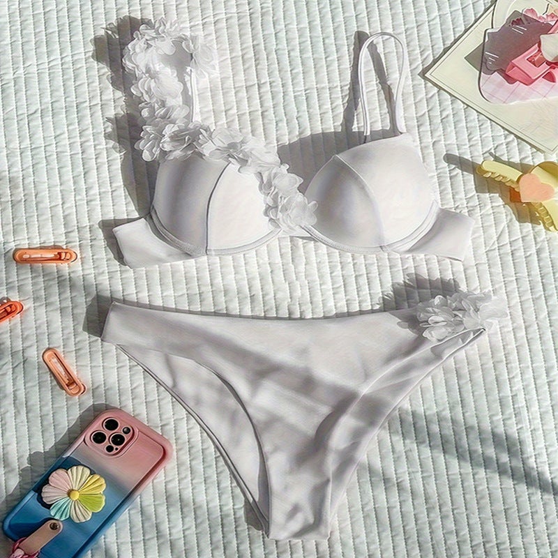 2024 New Solid Color With Flower Spring Swimsuit Hard Bag Beach Bikini Bikini Triangle - Image 3