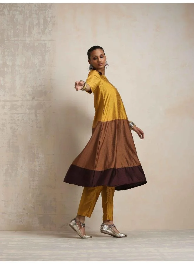 trueBrowns Gold Brown Silk A-line Kurta Set