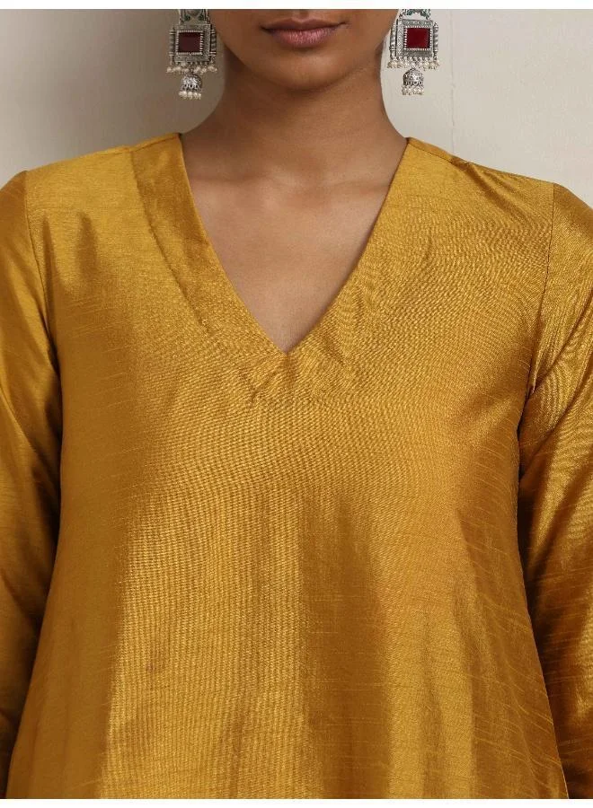 trueBrowns Gold Brown Silk A-line Kurta Set