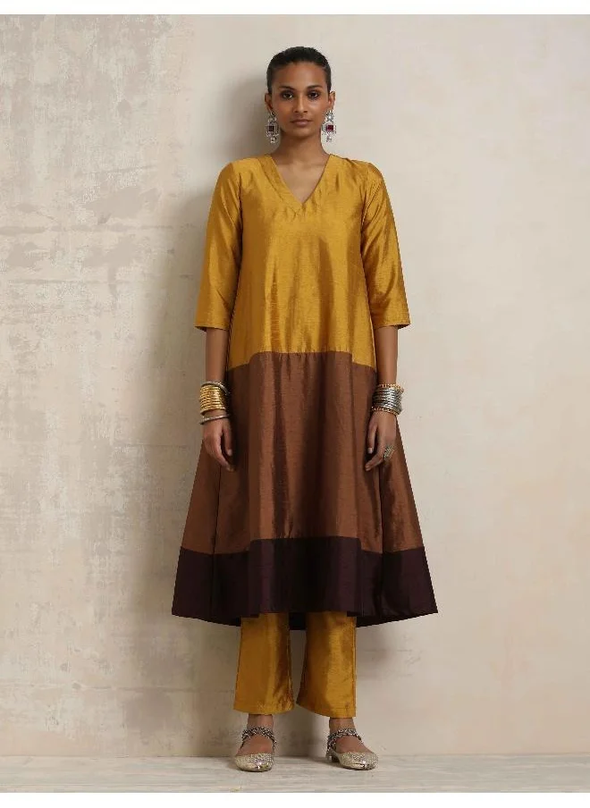 trueBrowns Gold Brown Silk A-line Kurta Set