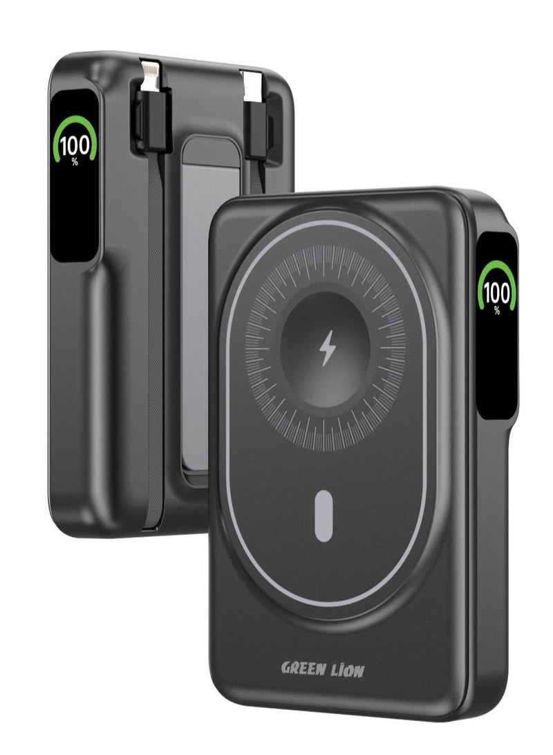 GREEN LION Mag-Vision 10000mAh Power Bank /Built-in 2 Cables / Lightning & Type-C Cable / Airpods/ iWatch / Phone Wireless Charging / Holding Stand / Fast Charging/ Reliable Powerbank - Black - Image 1
