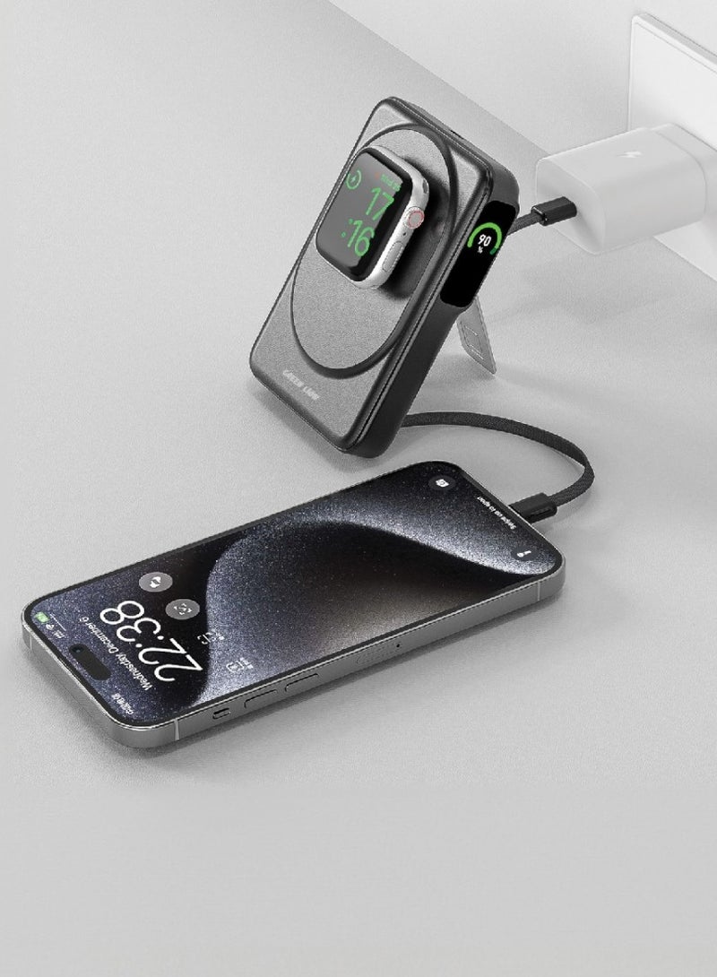 GREEN LION Mag-Vision 10000mAh Power Bank /Built-in 2 Cables / Lightning & Type-C Cable / Airpods/ iWatch / Phone Wireless Charging / Holding Stand / Fast Charging/ Reliable Powerbank - Black - Image 2