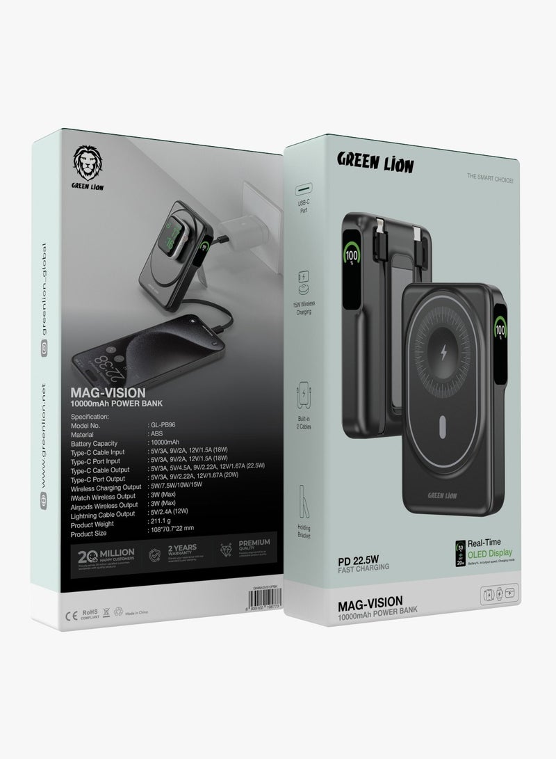 GREEN LION Mag-Vision 10000mAh Power Bank /Built-in 2 Cables / Lightning & Type-C Cable / Airpods/ iWatch / Phone Wireless Charging / Holding Stand / Fast Charging/ Reliable Powerbank - Black - Image 3