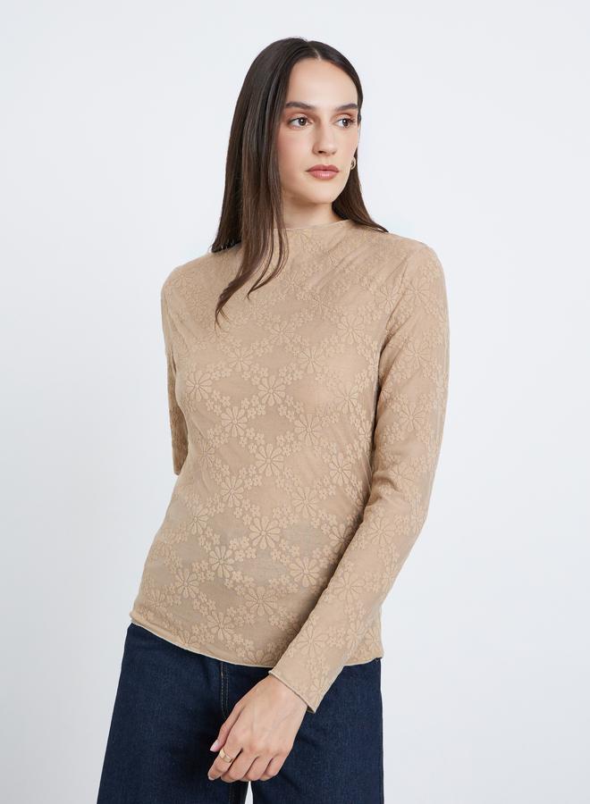 ستايلي بلوزة نسائية بنية محبوكة بنقشة زهور - Image 3