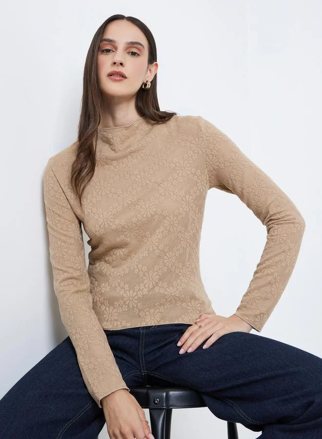Styli Styli Women Brown Floral Textured Knit Top