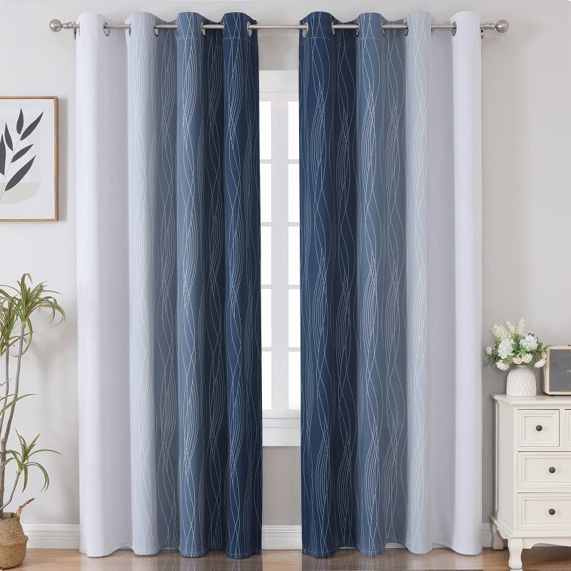 Estelar Textiler Greyish White and Navy Blue Blackout Curtains 96 Inches Long, Ombre Thermal Insulated Noise Reducing Blackout Drapes for Bedroom, Full Room Darkening Grommet Curtains,52Wx96L,2 Panels - Image 2