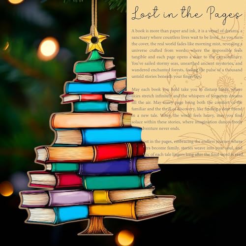 Sensemory Book Lovers Gifts for Women, Valentines Day Gifts for Teacher, Librarian, Reader, Bookworm, Book Ornament Faux Stained Glass Window Hanging, Bookish Gifts Stocking Stuffer Decor (Wooden Tree 2) - Image 1