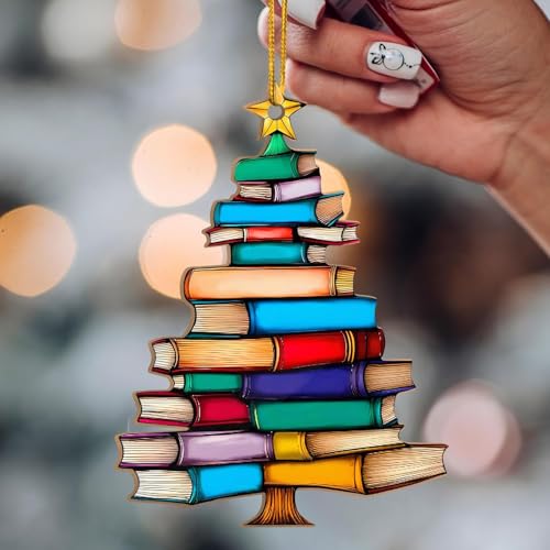 Sensemory Book Lovers Gifts for Women, Valentines Day Gifts for Teacher, Librarian, Reader, Bookworm, Book Ornament Faux Stained Glass Window Hanging, Bookish Gifts Stocking Stuffer Decor (Wooden Tree 2) - Image 2