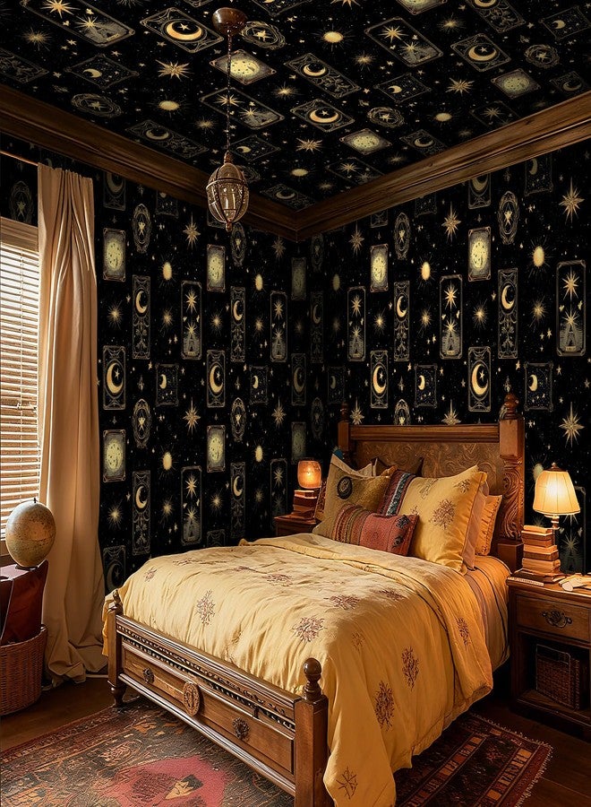 ReWallpaper 17.5in x 23ft Celestial Wallpaper Peel and Stick Removable Black Gold Moon & Stars Astrology Wallpaper Waterproof Mystical Galaxy Night Sky Wall Covering for Tarot Room Meditation Space - Image 3
