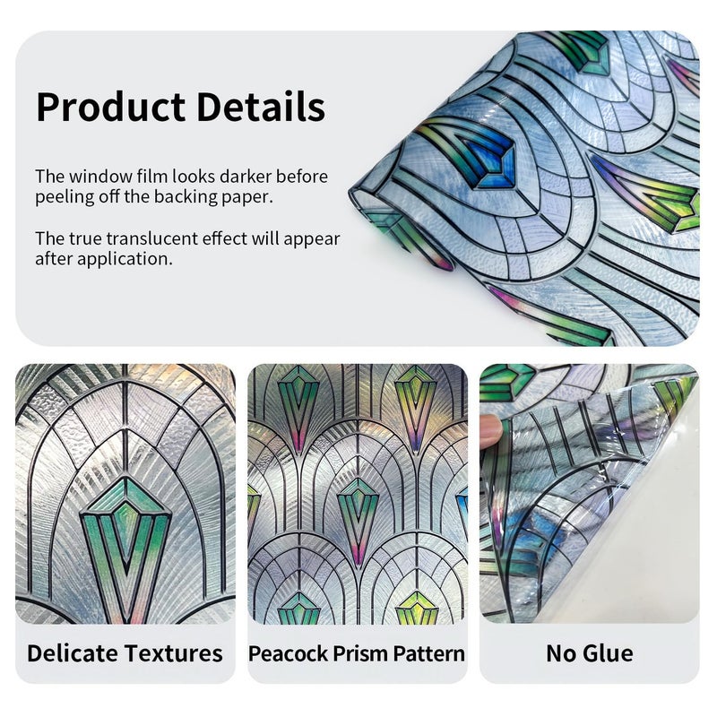 Chicskin 3D Vintage Stained Glass Window Film with Tools, Decorative Window Privacy Film for Room/Door/Home Decor, Peacock Prism, 16.93â€™â€™X78.74â€™â€™(43X200CM) - Image 4