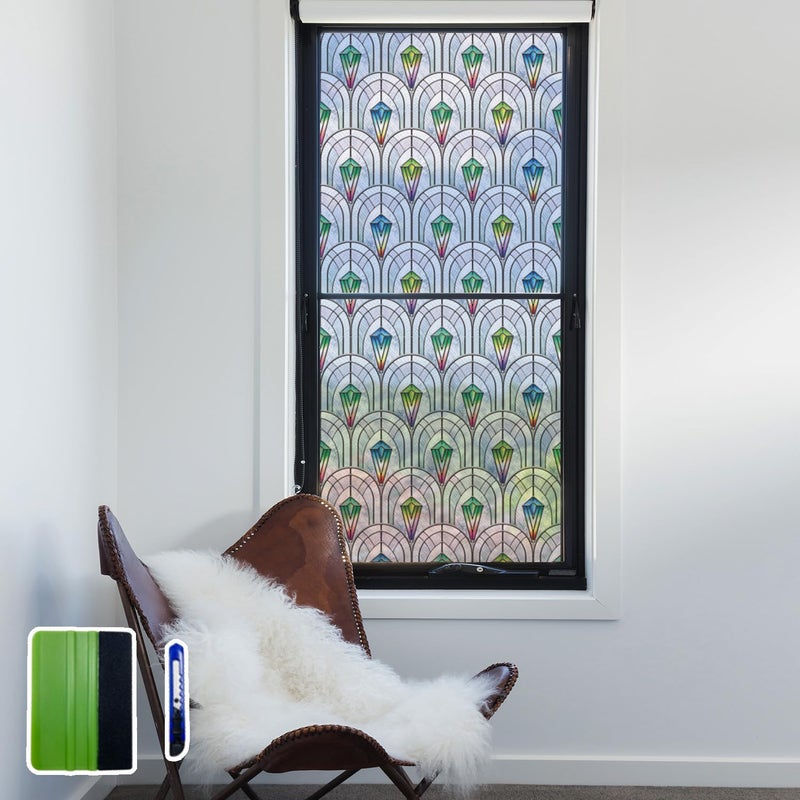 Chicskin 3D Vintage Stained Glass Window Film with Tools, Decorative Window Privacy Film for Room/Door/Home Decor, Peacock Prism, 16.93â€™â€™X78.74â€™â€™(43X200CM) - Image 1