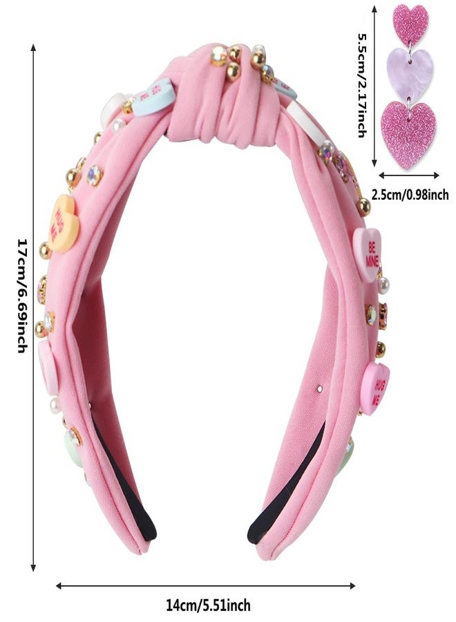 Gosuoa Valentine's Day Headband for Women,knotted Headband for Women,Red Pink Jeweled Rhinestone Crystal Top Knot Headbands Valentine’s Day Hair Accessories for Girls Womens - Image 2