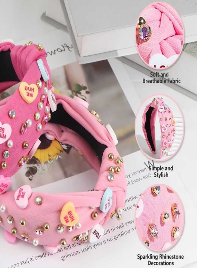 Gosuoa Valentine's Day Headband for Women,knotted Headband for Women,Red Pink Jeweled Rhinestone Crystal Top Knot Headbands Valentine’s Day Hair Accessories for Girls Womens - Image 3