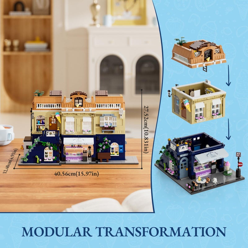 FUNWHOLE Gelato-Store Lighting Building-Bricks Set - City Town Ice Cream Shop LED Light Modular Collection Kit 1948 Pcs Display Model for Adults and Dessert Lovers - Image 2