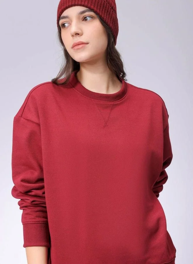 Freehand Women Boxy Fit Solid Crew Neck Long Sleeve Oversized Sweatshirt