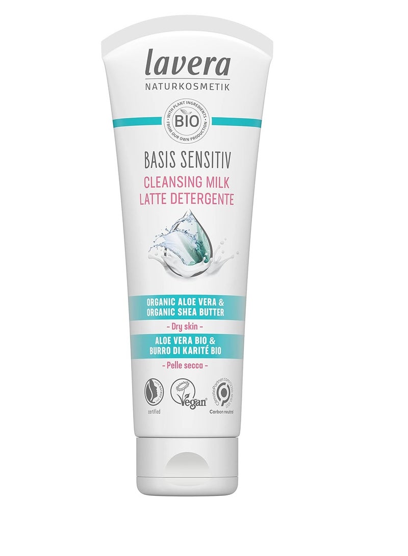 lavera lavera Basis Sensitive Cleansing Milk - Facial Cleanser with Organic Aloe Vera & Shea Butter for Soft Skin - Make Up Remover - Face Wash - PETA Certified - Vegan - Made in Germany - 4.3 Fl Oz - Image 1