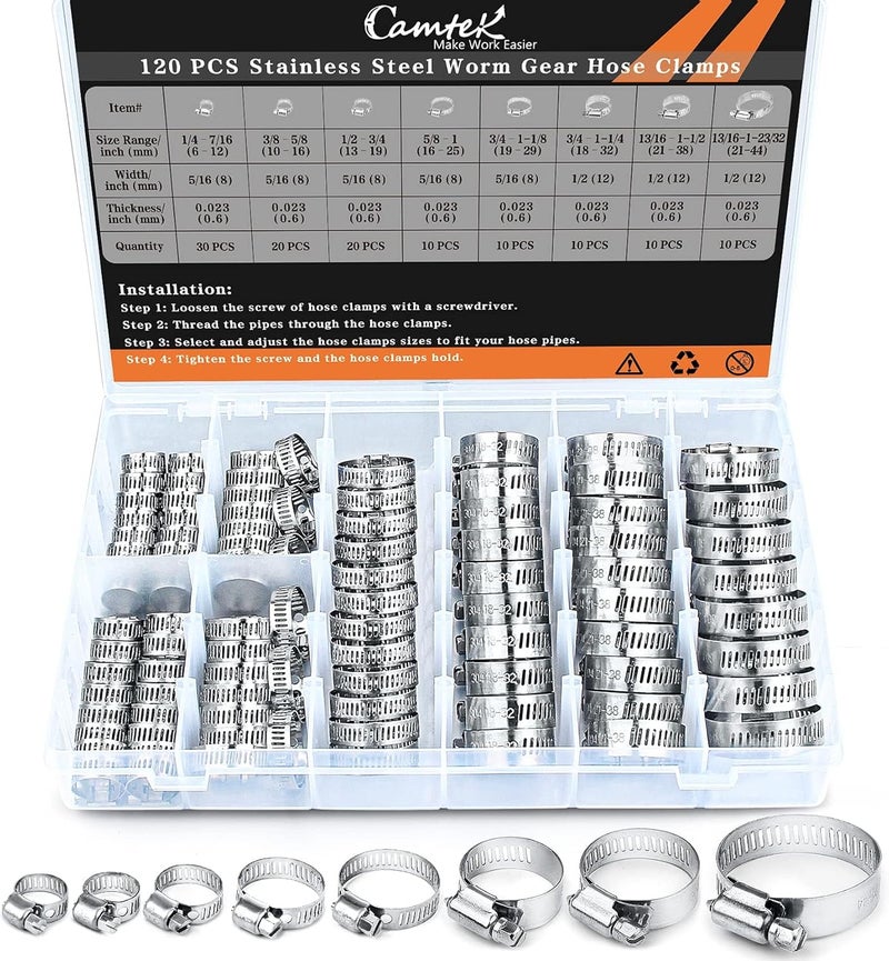 Camtek 120PCS Hose Clamps, Stainless Steel Adjustable 6-44mm Range Worm Gear Hose Clamp Duct Clamp Pipe Clamp Fuel Line Clamp for Plumbing, Automotive and Mechanical Applications Assortment Kit - Image 1