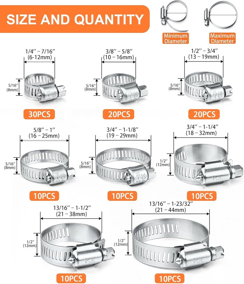 Camtek 120PCS Hose Clamps, Stainless Steel Adjustable 6-44mm Range Worm Gear Hose Clamp Duct Clamp Pipe Clamp Fuel Line Clamp for Plumbing, Automotive and Mechanical Applications Assortment Kit - Image 2