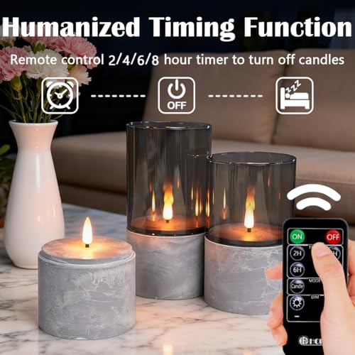 LEDHOLYT Rechargeable Marble Flameless Candles, Gray Glass LED Pillar Candle with Remote & Timer,Decorative Candles for Living Room, Bedroom, Holiday Décor & Gifts for Women,Set of 3 - Image 2