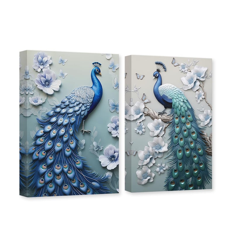 CXHOSTENT Elegant Peacock Canvas Wall Art  2 Panels 16x24inchx2Pcs Modern Living Room Decor