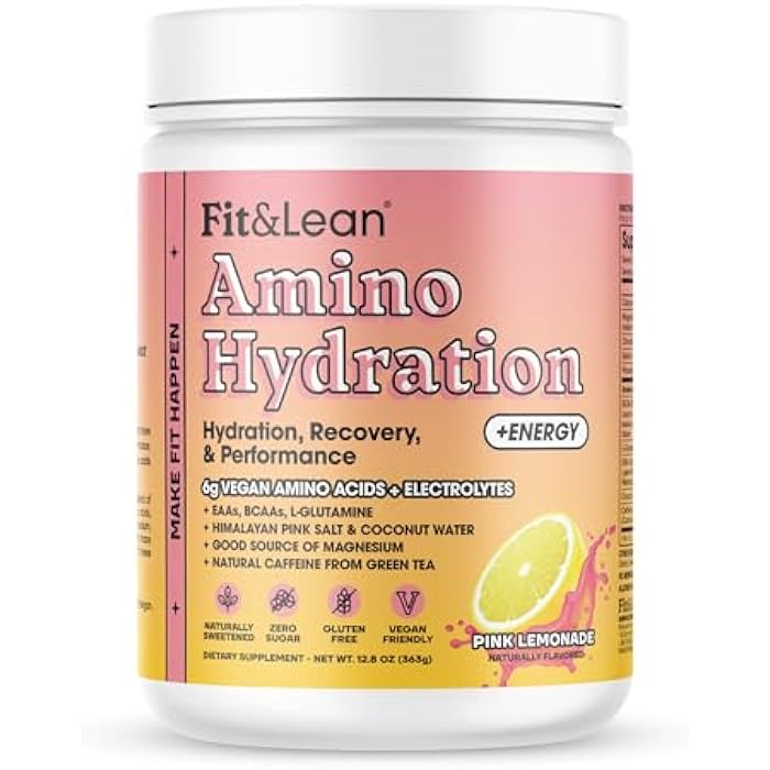 Fit & Lean Amino Hydration Plus Energy, Pre Workout Powder, 6g Vegan Essemtial Amino Acids, EAA, BCAA, Glutamine, Electrolytes & Natural Caffeine, Pink Lemonade, 30 Serve - Image 1