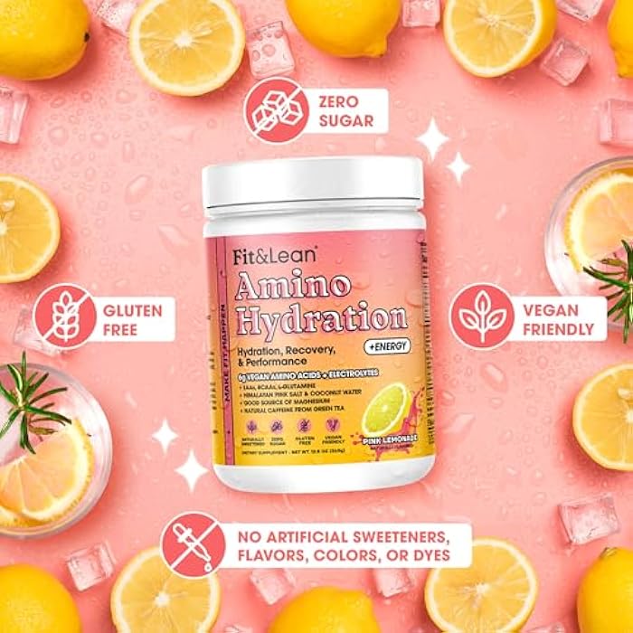 Fit & Lean Amino Hydration Plus Energy, Pre Workout Powder, 6g Vegan Essemtial Amino Acids, EAA, BCAA, Glutamine, Electrolytes & Natural Caffeine, Pink Lemonade, 30 Serve - Image 4