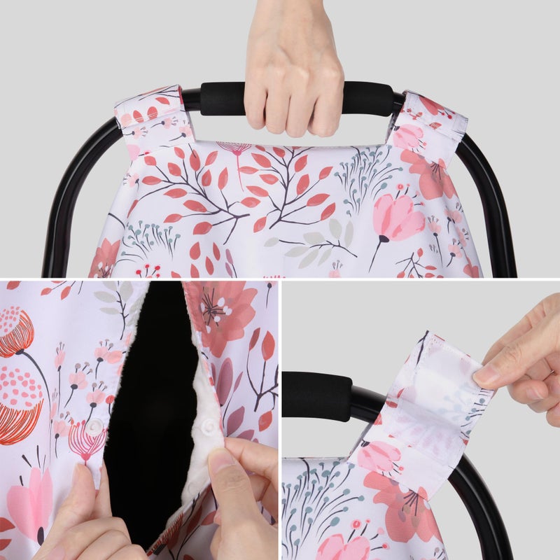 Rquite Car Seat Cover Baby, Carseat Covers Baby Girl, Minky Infant Car Seat Cover Winter, Peekaboo Opening Car Seat Canopy, Multi-use Baby Carrier, Stroller, Nursing Cover, Minky Blanket, Pink Flower - Image 4