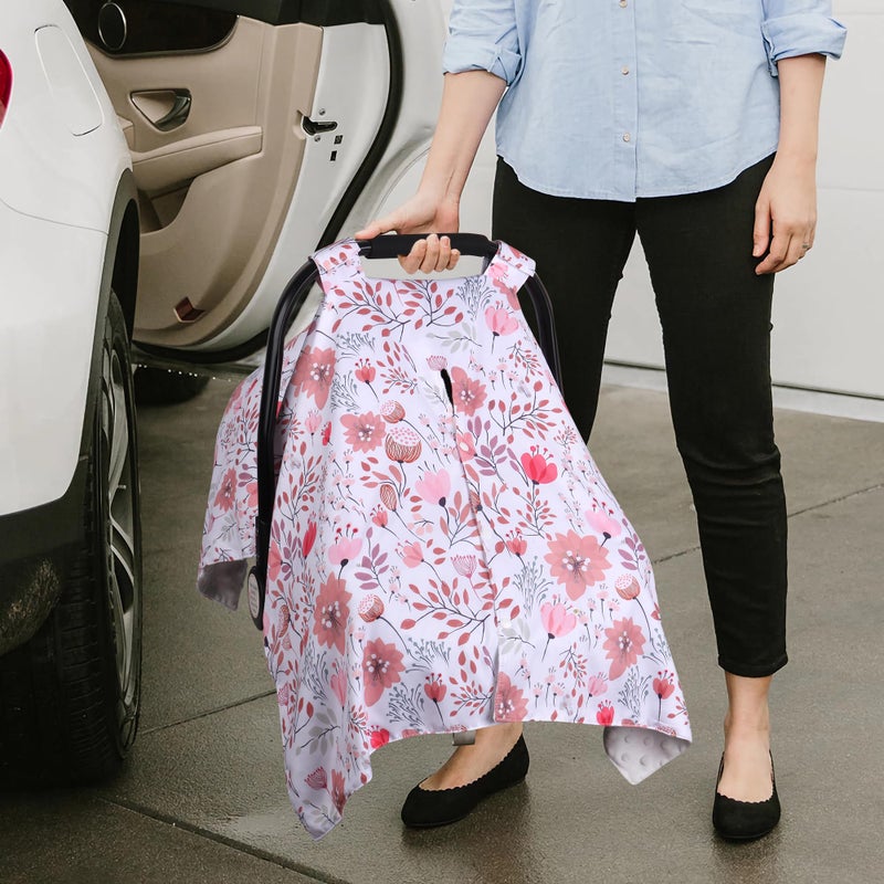 Rquite Car Seat Cover Baby, Carseat Covers Baby Girl, Minky Infant Car Seat Cover Winter, Peekaboo Opening Car Seat Canopy, Multi-use Baby Carrier, Stroller, Nursing Cover, Minky Blanket, Pink Flower - Image 5