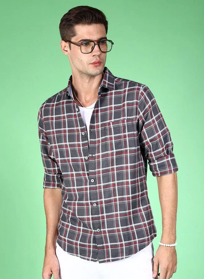 Take Two Men Grey Checked Casual Shirt with Spread Collar By HardSoda