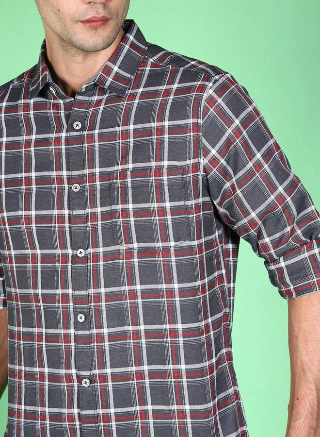 Take Two Men Grey Checked Casual Shirt with Spread Collar By HardSoda