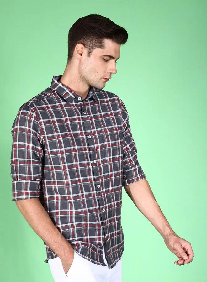 Take Two Men Grey Checked Casual Shirt with Spread Collar By HardSoda