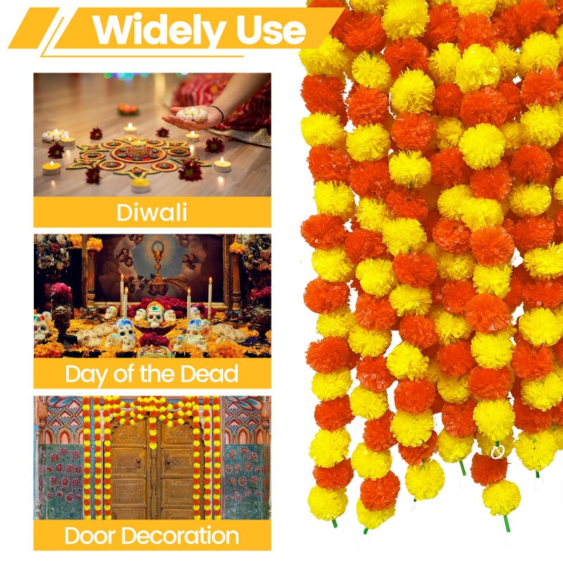 TWITTOOLS 4 Pcs Long Marigold Garland for Decoration, 5 Feet Artificial Yellow Red Marigold Flowers Indian Pooja Diwali Home Wedding Mantle Decor - Image 5