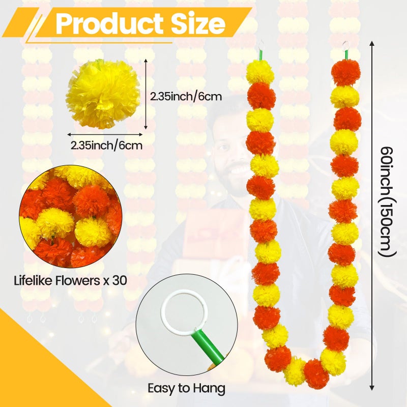TWITTOOLS 4 Pcs Long Marigold Garland for Decoration, 5 Feet Artificial Yellow Red Marigold Flowers Indian Pooja Diwali Home Wedding Mantle Decor - Image 3