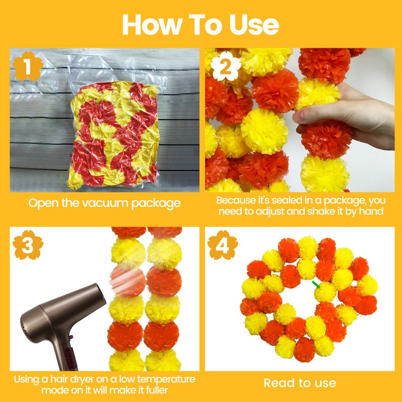 TWITTOOLS 4 Pcs Long Marigold Garland for Decoration, 5 Feet Artificial Yellow Red Marigold Flowers Indian Pooja Diwali Home Wedding Mantle Decor - Image 4