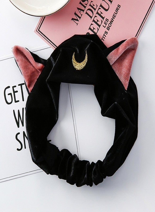 Patiky Moon Cat Ears Makeup Cosmetic Shower Elastic Hair Band Headband for Women Men Girls Head Wrap Accessories TS12 (Black) - Image 2