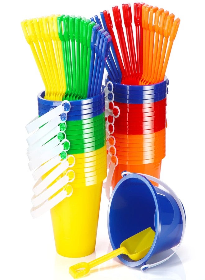 Woanger Set of 36 Beach Pails, Buckets and Shovels - 5 Inch Sand Play Set - Colorful Plastic Beach Buckets - Sand Castle Kit for Boys and Girls Birthday Party Favor - Image 1
