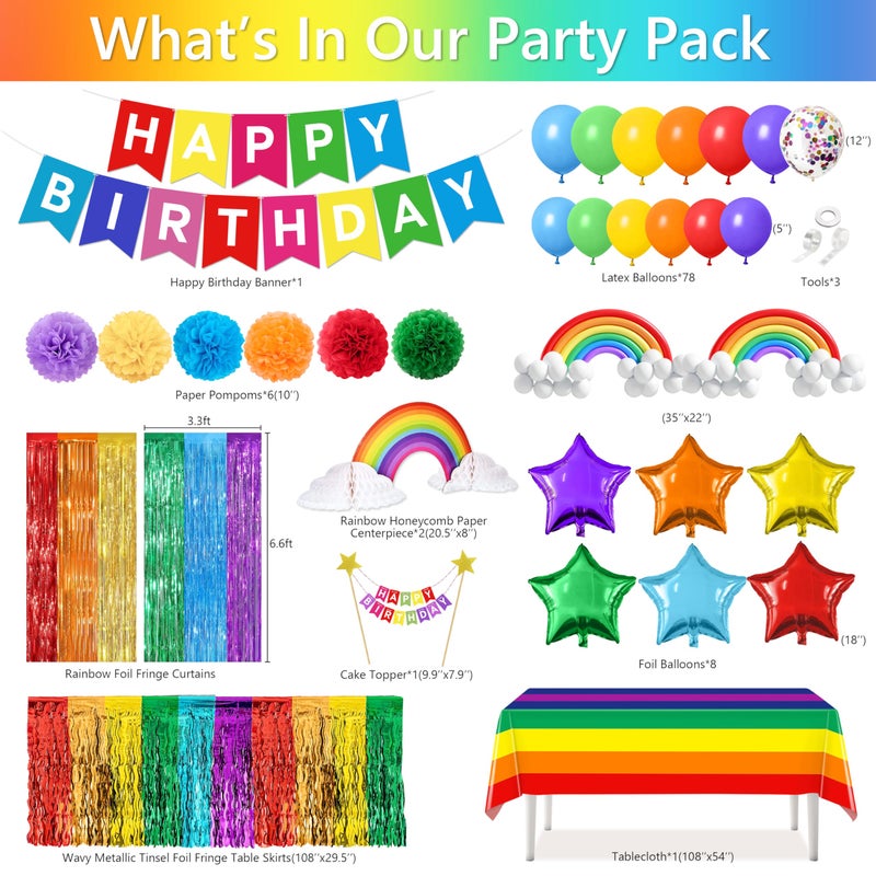 THAWAY Rainbow Birthday Decorations, 104Pcs Colorful Birthday Party Decorations for Boys and Girls, Rainbow Party Supplies Colorful Streamers Party Decors Set, Birthday Party Backdrop - Image 2