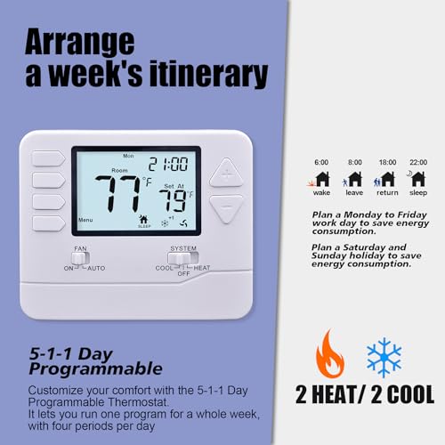 Heagstat 5-1-1 Day Programmable Thermostat for Home Conventional Single or Multistage Systems, up to 2 Heat/ 2 Cool, (with White Backlight) - Image 2