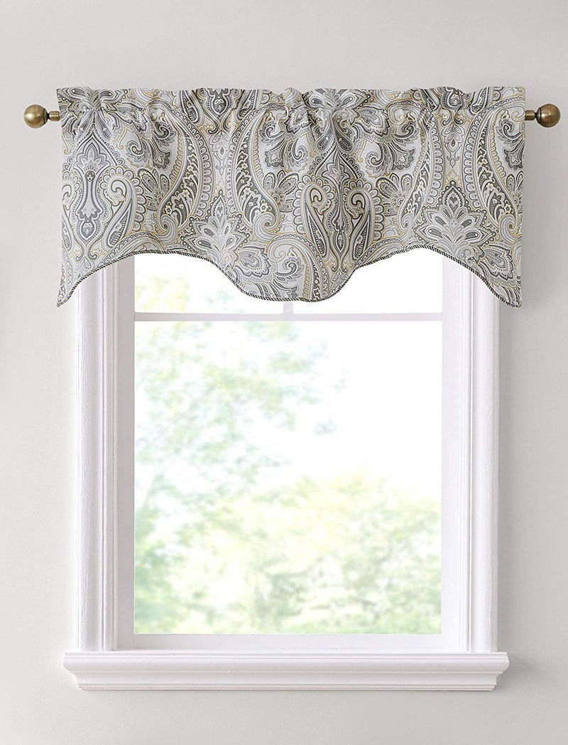 HLC.ME HLCME Paris Paisley Thermal Insulated Blackout Decorative Rod Pocket Short Scalloped Curtain Valance for Kitchen Bathroom Basement and Small Windows 50 W x 20 L Inch GreyYellow