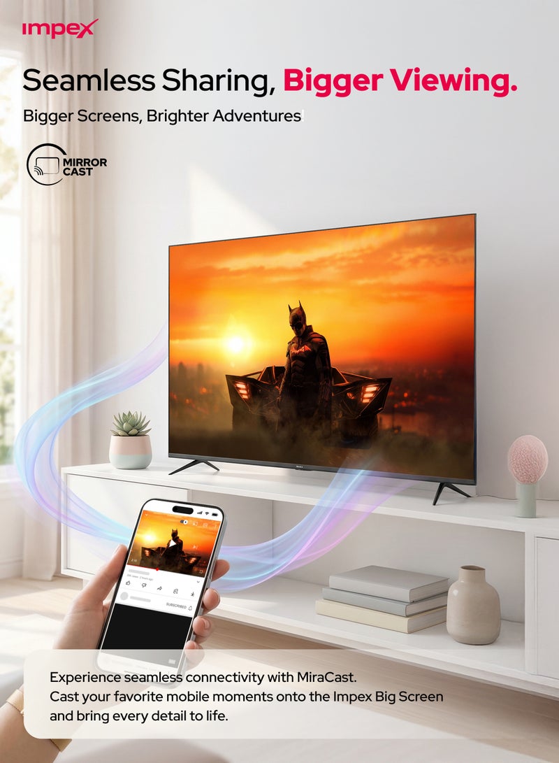 Impex 70 Inch 4K UHD Smart LED TV - Android, Quad Core, Frameless, A+ Panel, Wi-Fi, 3 HDMI, 2 USB, RJ45, DVB-T2, 3840x2160 Resolution, 176° View, Slim Design, 2 Year Warranty - Gloria 70 Smart - Black GLORIA 70 UHD SMART Black - Image 3
