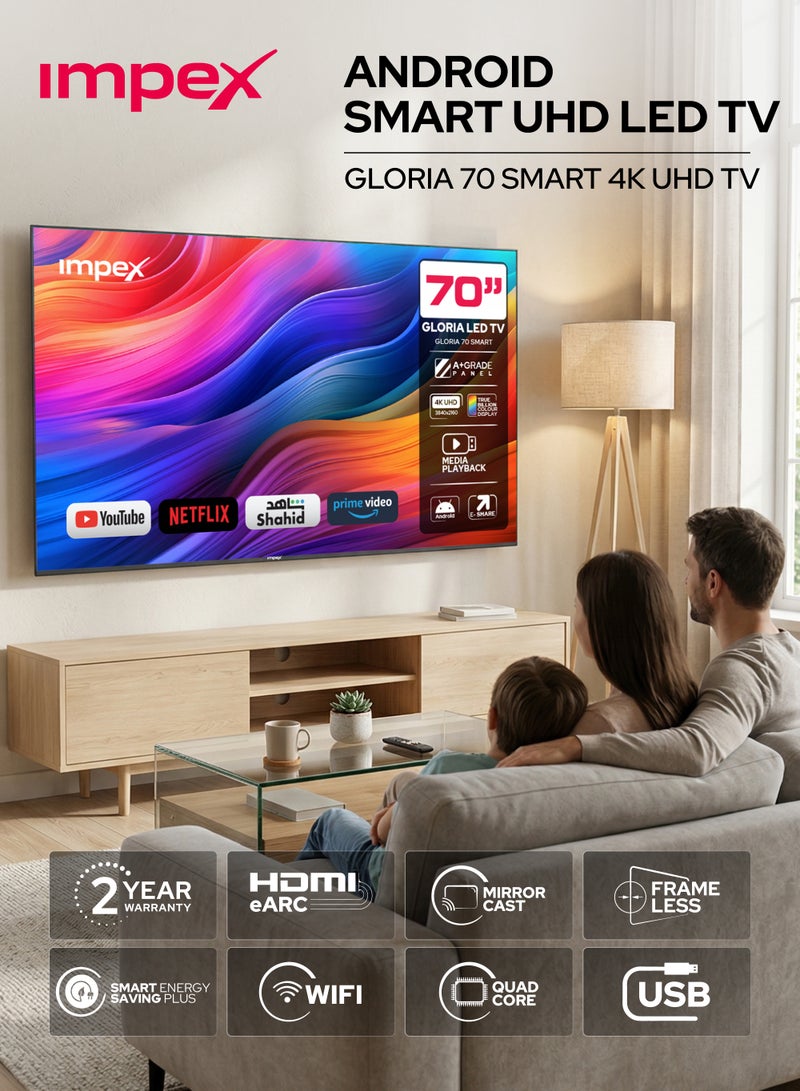 Impex 70 Inch 4K UHD Smart LED TV - Android, Quad Core, Frameless, A+ Panel, Wi-Fi, 3 HDMI, 2 USB, RJ45, DVB-T2, 3840x2160 Resolution, 176° View, Slim Design, 2 Year Warranty - Gloria 70 Smart - Black GLORIA 70 UHD SMART Black - Image 1