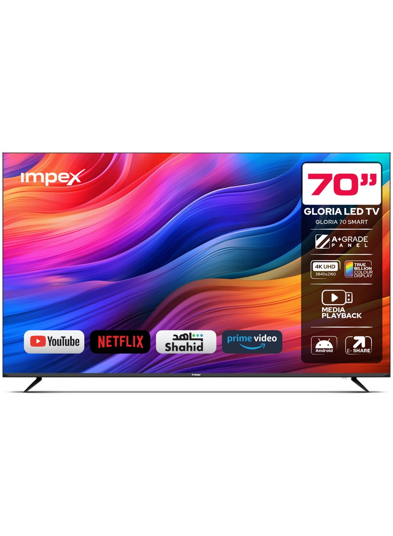 إمبكس تلفزيون LED ذكي 70 بوصة UHD 4K - أندرويد، معالج رباعي، تصميم بدون إطار، لوحة A+، واي فاي، 3 منافذ HDMI، منفذين USB، RJ45، DVB-T2، دقة 3840x2160، زاوية عرض 176°، تصميم نحيف، ضمان سنتين - Gloria 70 Smart - أسود GLORIA 70 UHD SMART أسود - Image 2