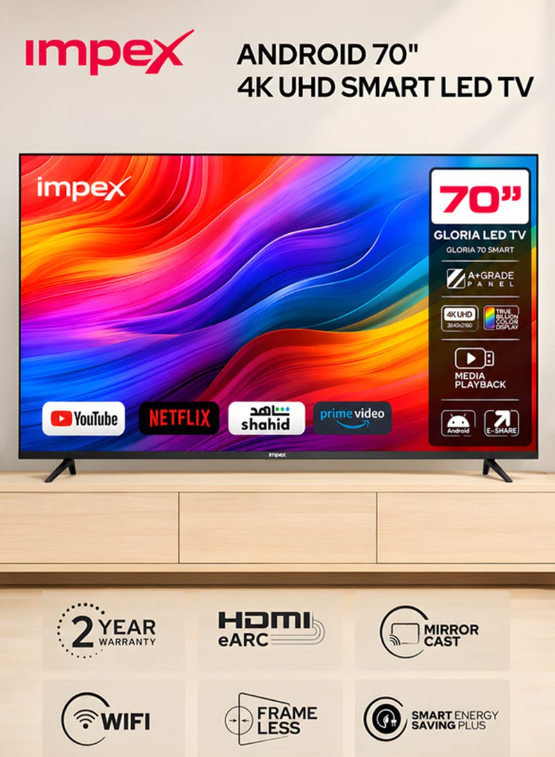 إمبكس تلفزيون LED ذكي 70 بوصة UHD 4K - أندرويد، معالج رباعي، تصميم بدون إطار، لوحة A+، واي فاي، 3 منافذ HDMI، منفذين USB، RJ45، DVB-T2، دقة 3840x2160، زاوية عرض 176°، تصميم نحيف، ضمان سنتين - Gloria 70 Smart - أسود GLORIA 70 UHD SMART أسود - Image 1