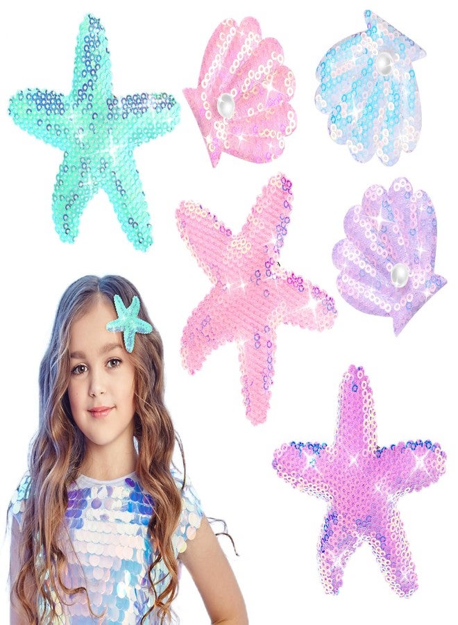 AOZUO 6Pcs Glitter Shell Starfish Hair Clip, Starfish Hair Accessories Sequin Hair Claw Barrettes Headpieces Multicolor Sea Star Alligator Clips for Women Girls - Image 1