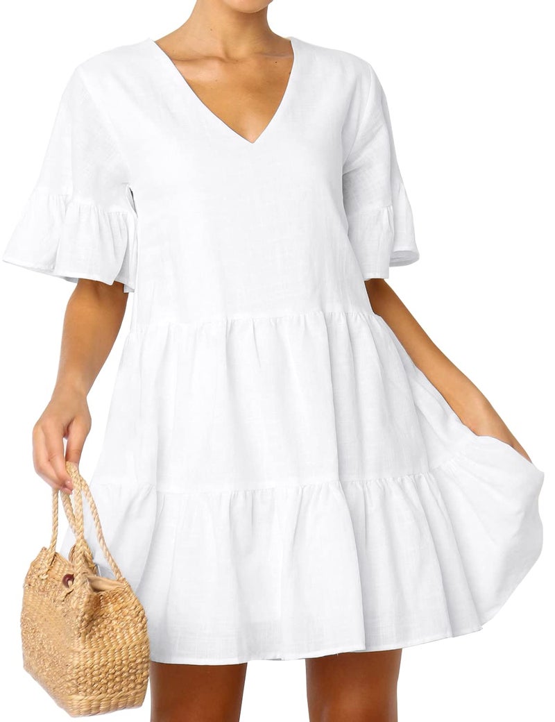FANCYINN Womens White Cute Shift Dress Short Bell Sleeve Ruffle Hem V Neck Loose Swing Tunic Mini Dress with Pockets S - Image 3